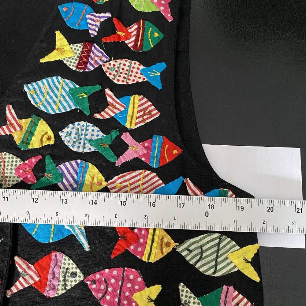 Vintage Artisan Fish Applique Vest M Folk Art to Wear Novelty Patchwork Colorful - Picture 14 of 15